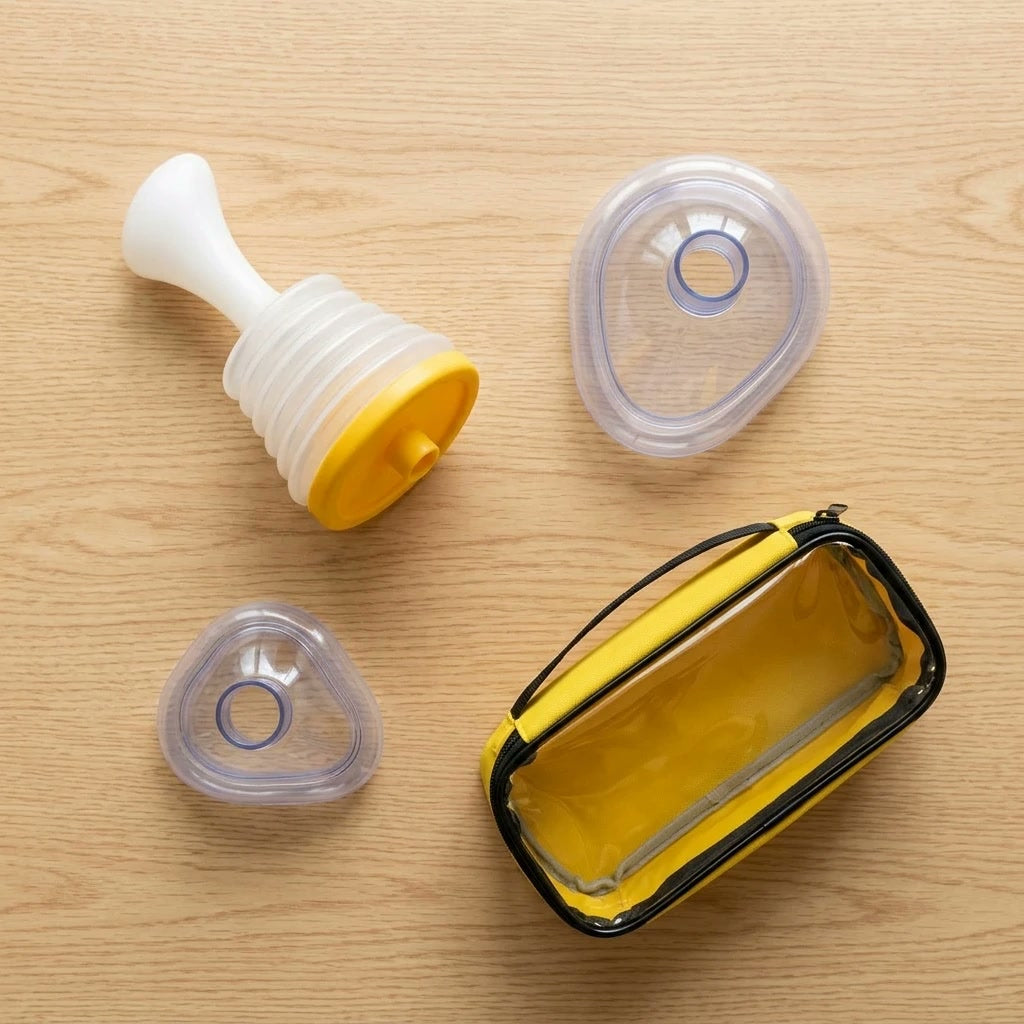 Contenido del kit visto desde arriba: dispositivo, mascarilla adulto, mascarilla niño y estuche