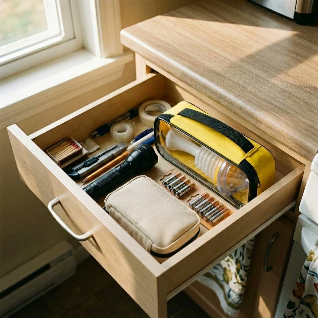 Estuche del kit guardado en un cajón de cocina