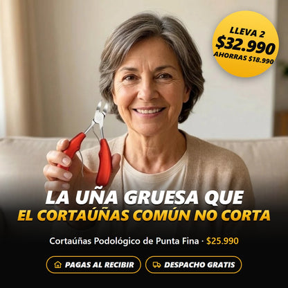 Señora mostrando el Cortaúñas Podológico de Punta Fina, la uña gruesa que el cortaúñas común no corta
