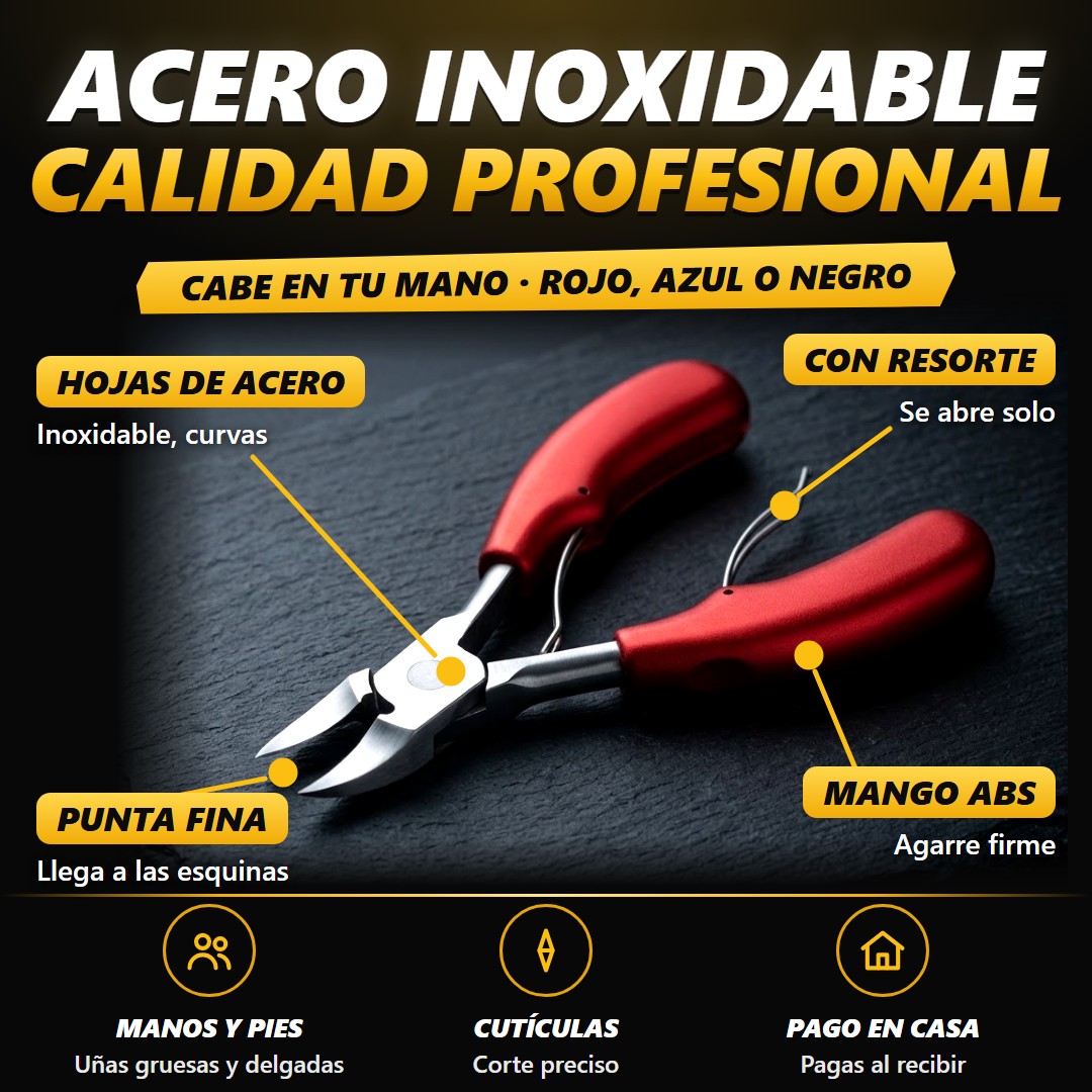 Partes del cortaúñas: hojas de acero, punta fina, resorte y mango ABS