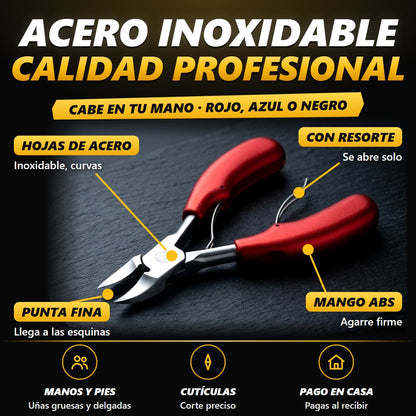 Partes del cortaúñas: hojas de acero, punta fina, resorte y mango ABS
